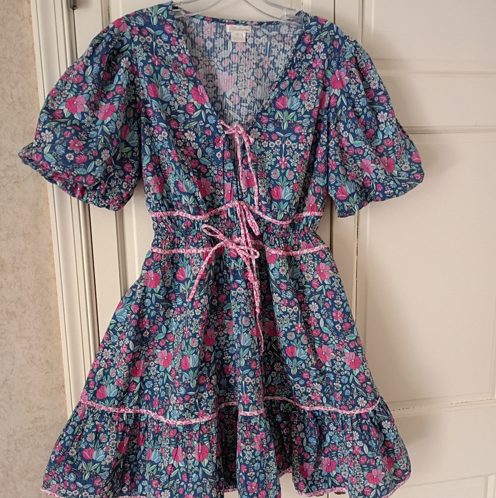 Shoshanna Vibrant Floral Puff Sleeve Mini Dress.Pit To Pit 18" - Picture 3 of 10